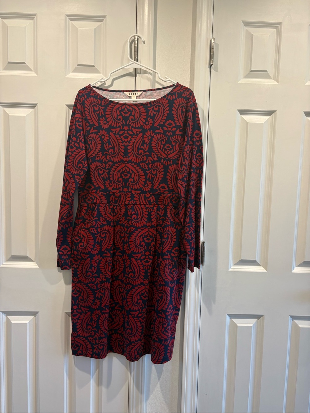 Boden Navy Dress with Red Paisley Print — Long Sleeve